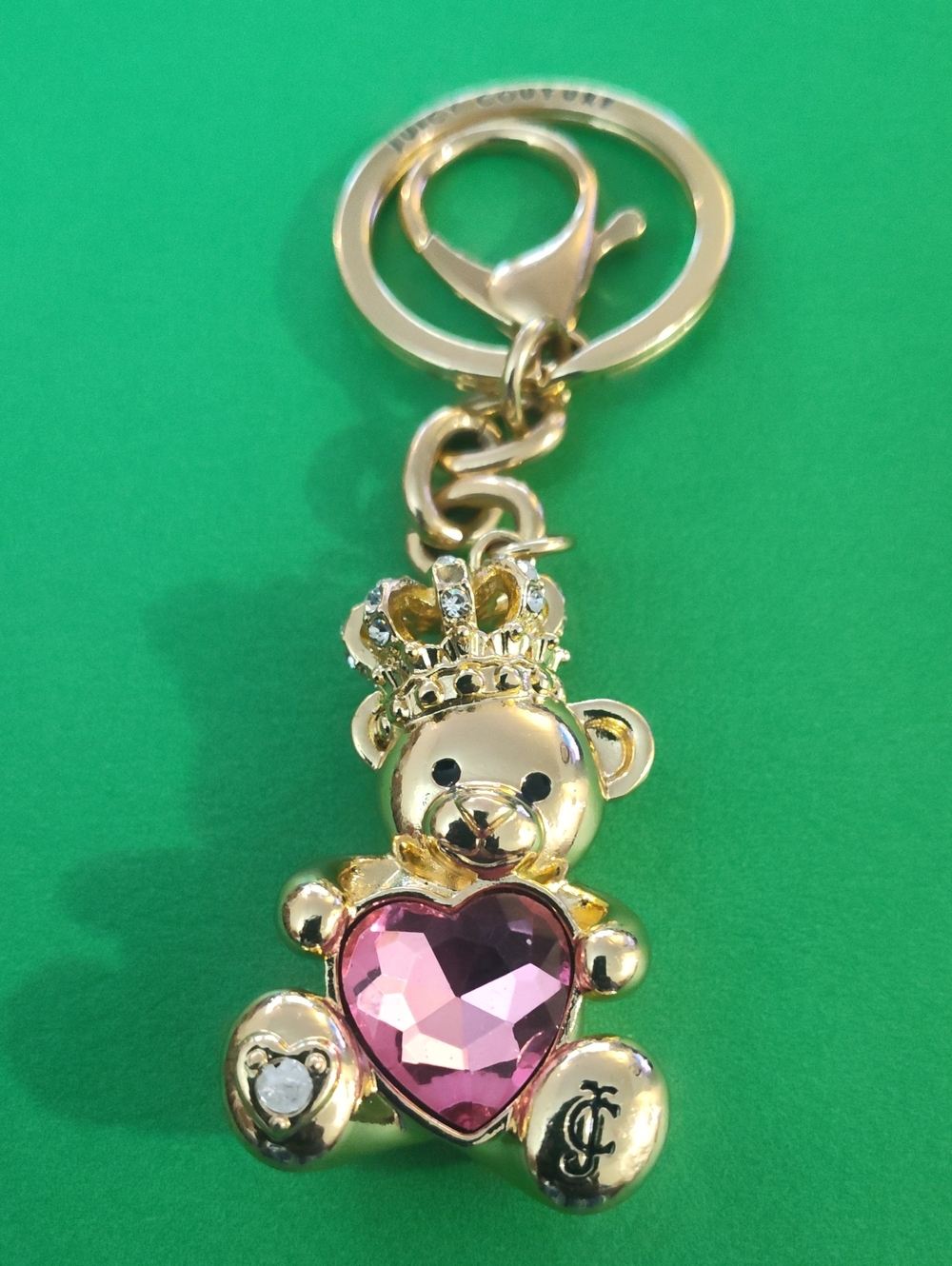 Juicy Couture Gold Teddy Bear Keychain with Pink Heart Gem